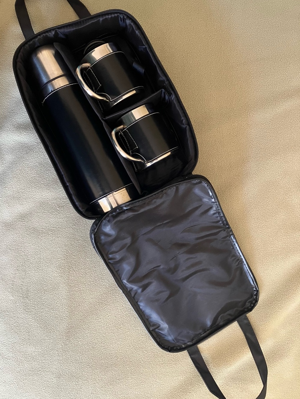 Stainless Steel Travel Mug and Thermal Carafe Set in Black Canvas Carry Bag